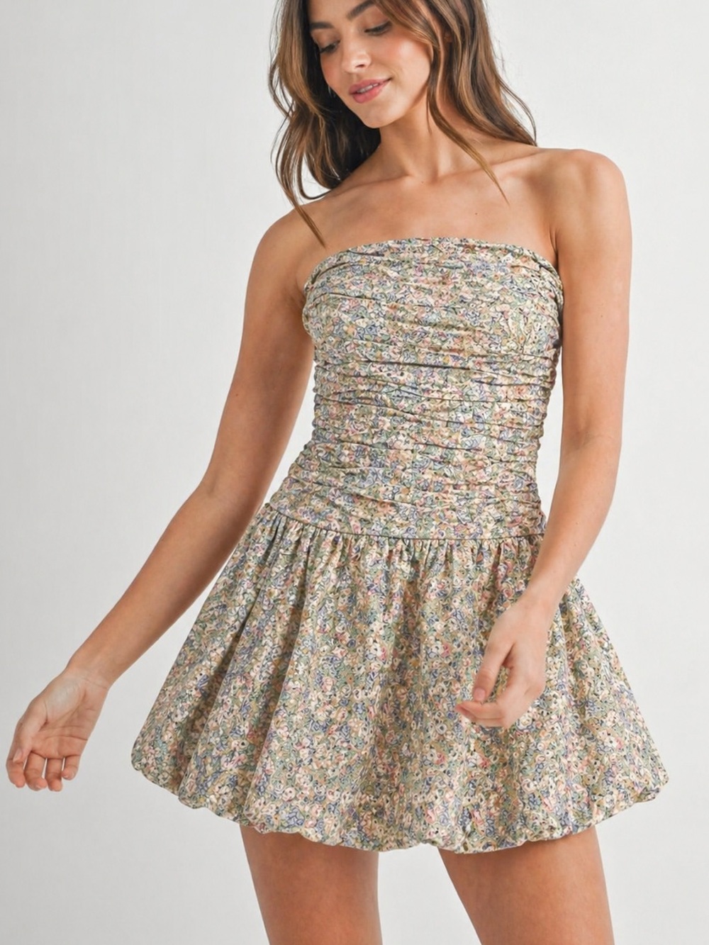 Vintage Strapless Floral Mini Dress | Ruched Bodice | Handmade